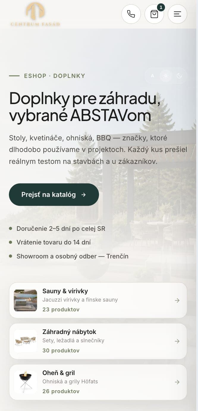 Mobilní vstup do e-shopu Centrum Fasád s kategoriemi zahradního sortimentu.