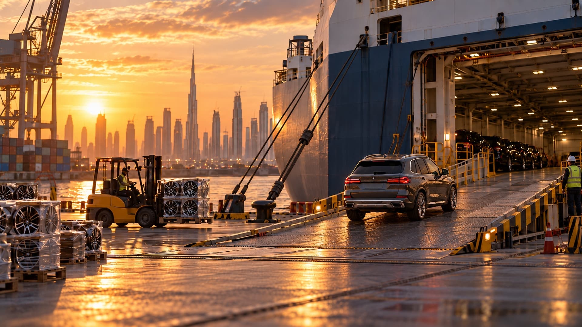Nakládání automobilu a zásilky disků na loď v Dubaji při západu slunce.