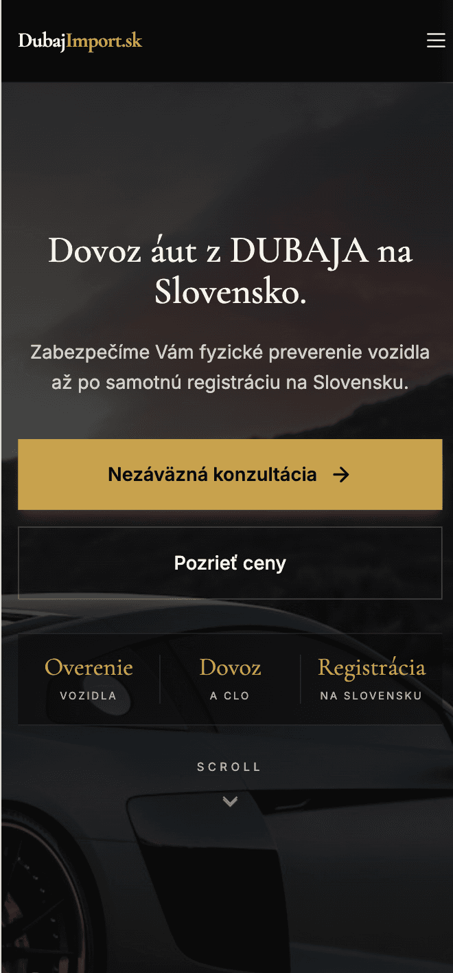Mobilní úvodní obrazovka Dubaj Import s nadpisem „Dovoz áut z Dubaja na Slovensko“ a tlačítkem pro nezávaznou konzultaci.