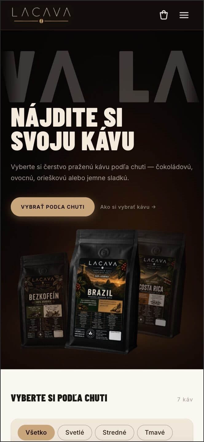 Mobilní katalog LACAVA s výběrem kávy podle chuti.