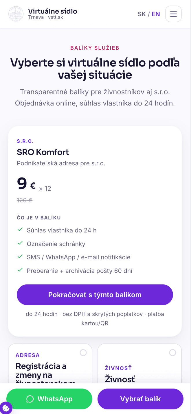Výběr balíčku SRO Komfort na mobilu.