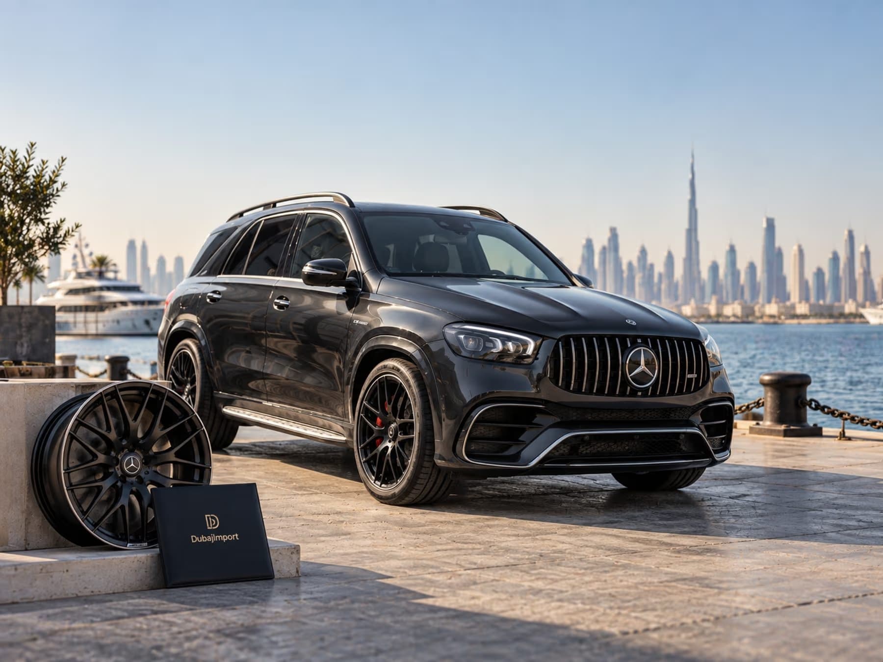 Černé SUV na nábřeží v Dubaji, vedle disk a složka s logem klienta, v pozadí panorama města