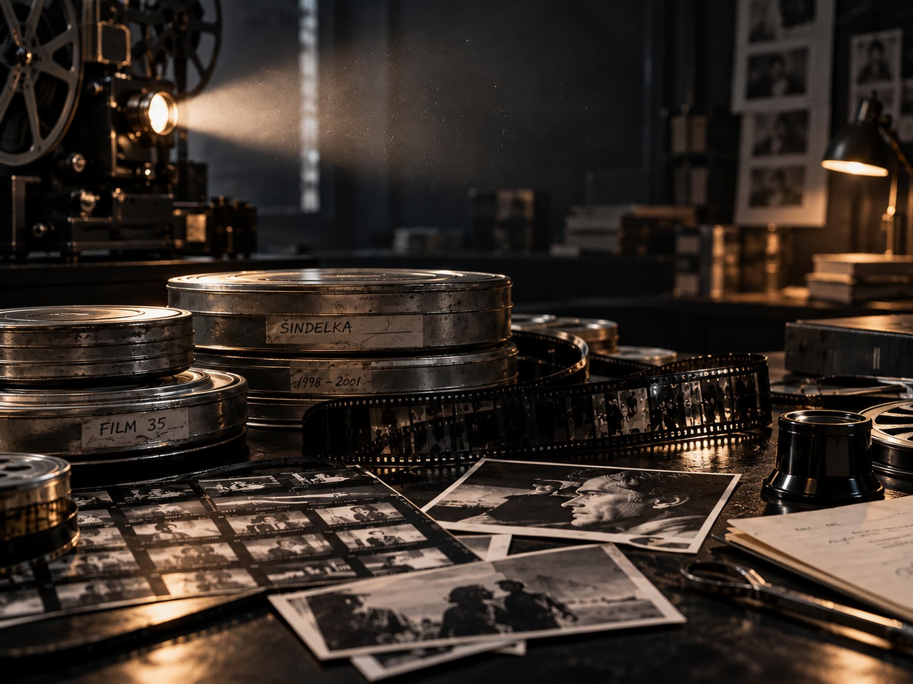 Filmové kotouče s nápisy FILM 35 a Šindelka, filmový pás, kontaktní kopie a černobílé fotografie na stole pod paprskem promítačky v tmavém archivu.