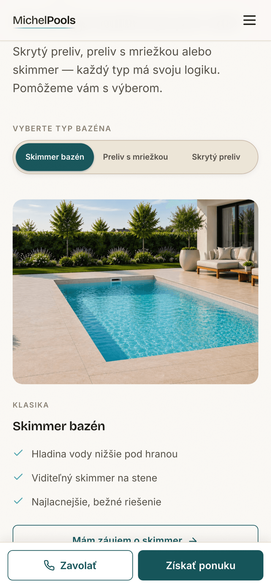 Michel Pools – Web bazénové firmy – Mobil — bazény