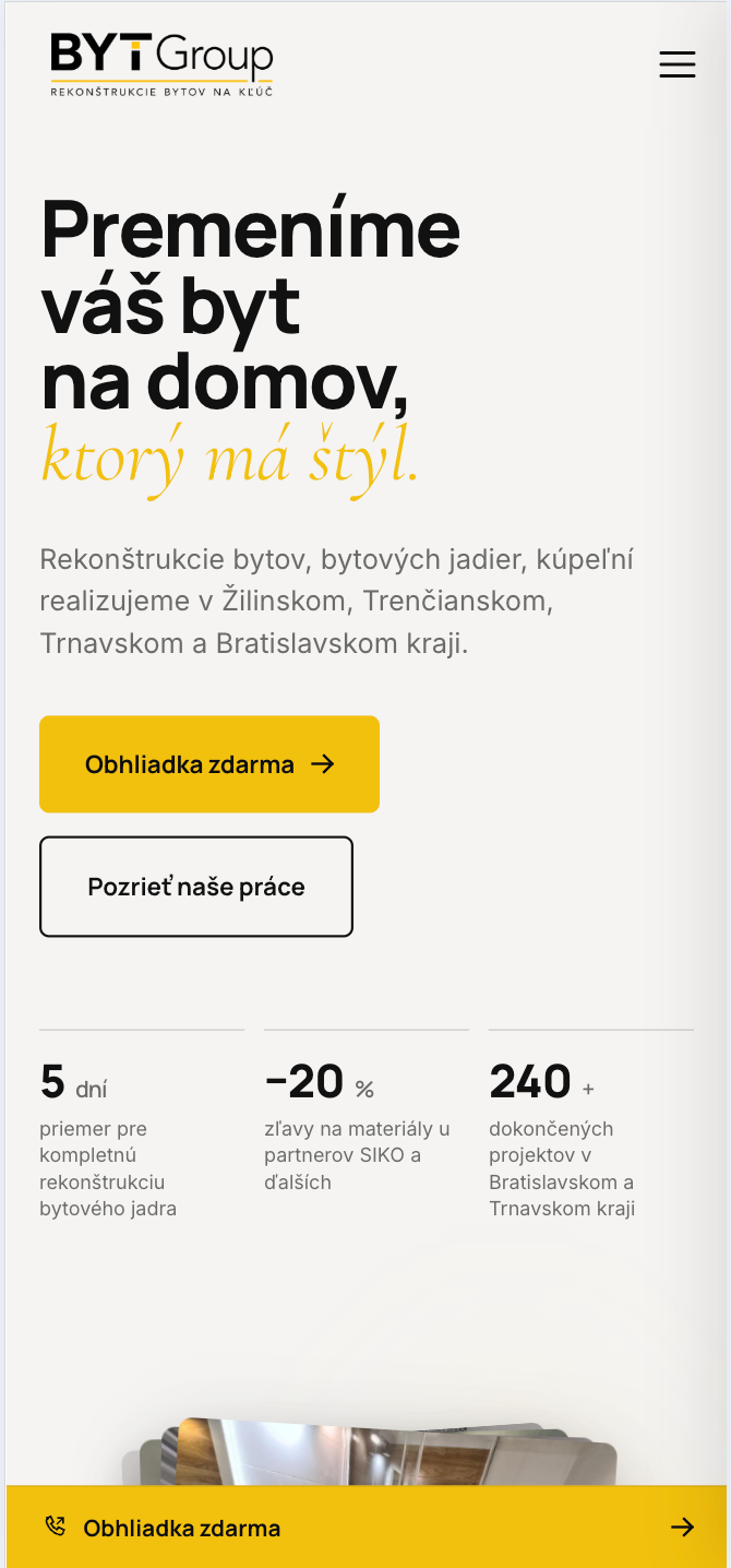Mobilní úvodní obrazovka webu BYTGroup s tlačítkem na bezplatnou prohlídku.