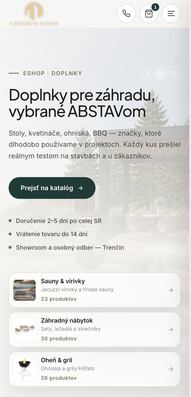 Mobilní vstup do e-shopu Centrum Fasád s kategoriemi zahradního sortimentu.