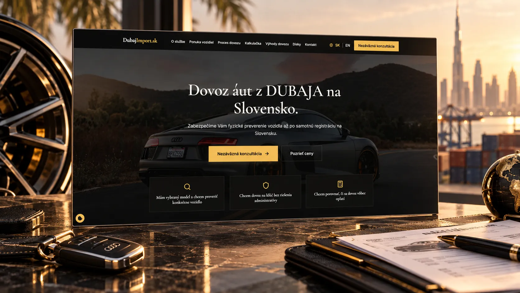 Úvodní stránka webu Dubaj Import na monitoru na stole s klíčem od auta, diskem a smlouvou, v pozadí Dubaj při západu slunce