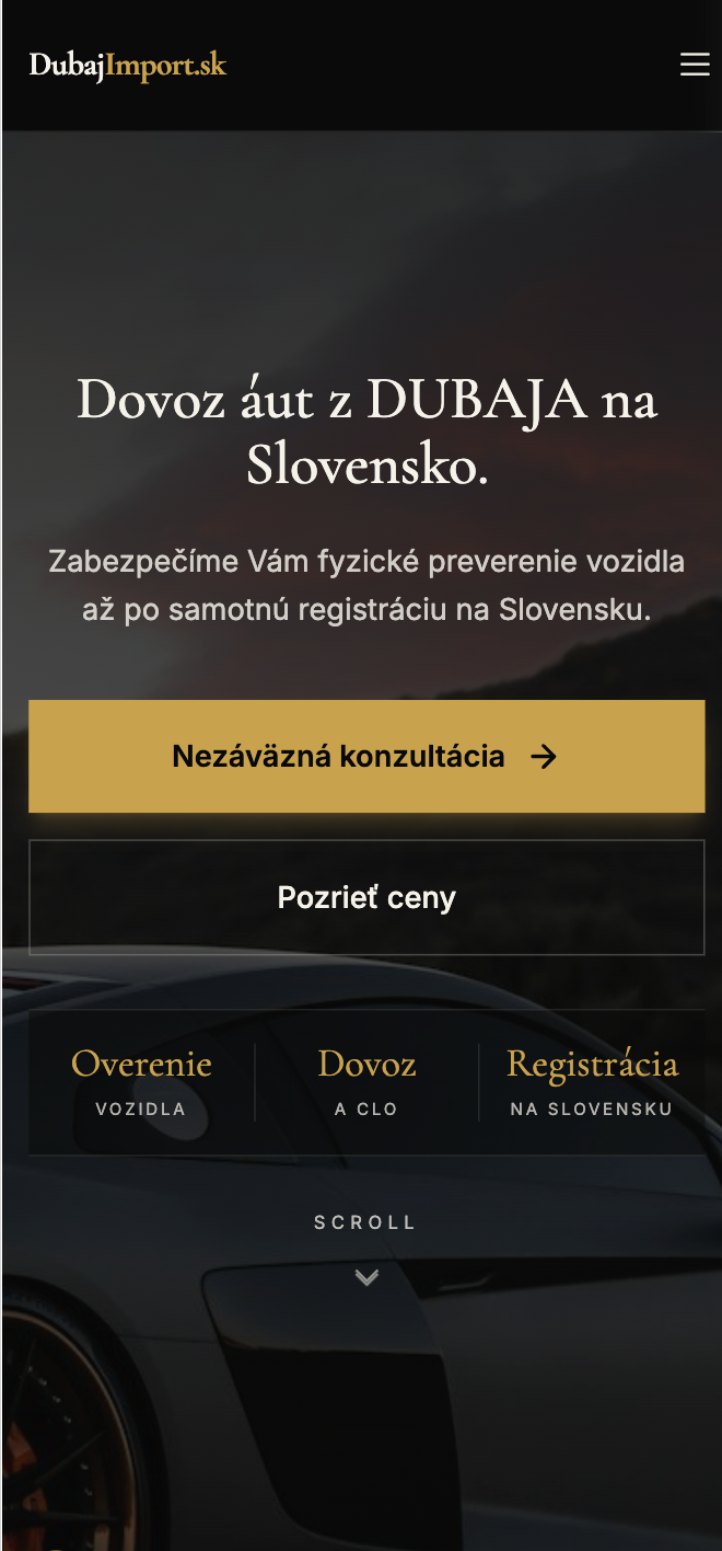 Mobilní úvodní obrazovka Dubaj Import s nadpisem „Dovoz áut z Dubaja na Slovensko“ a tlačítkem pro nezávaznou konzultaci.