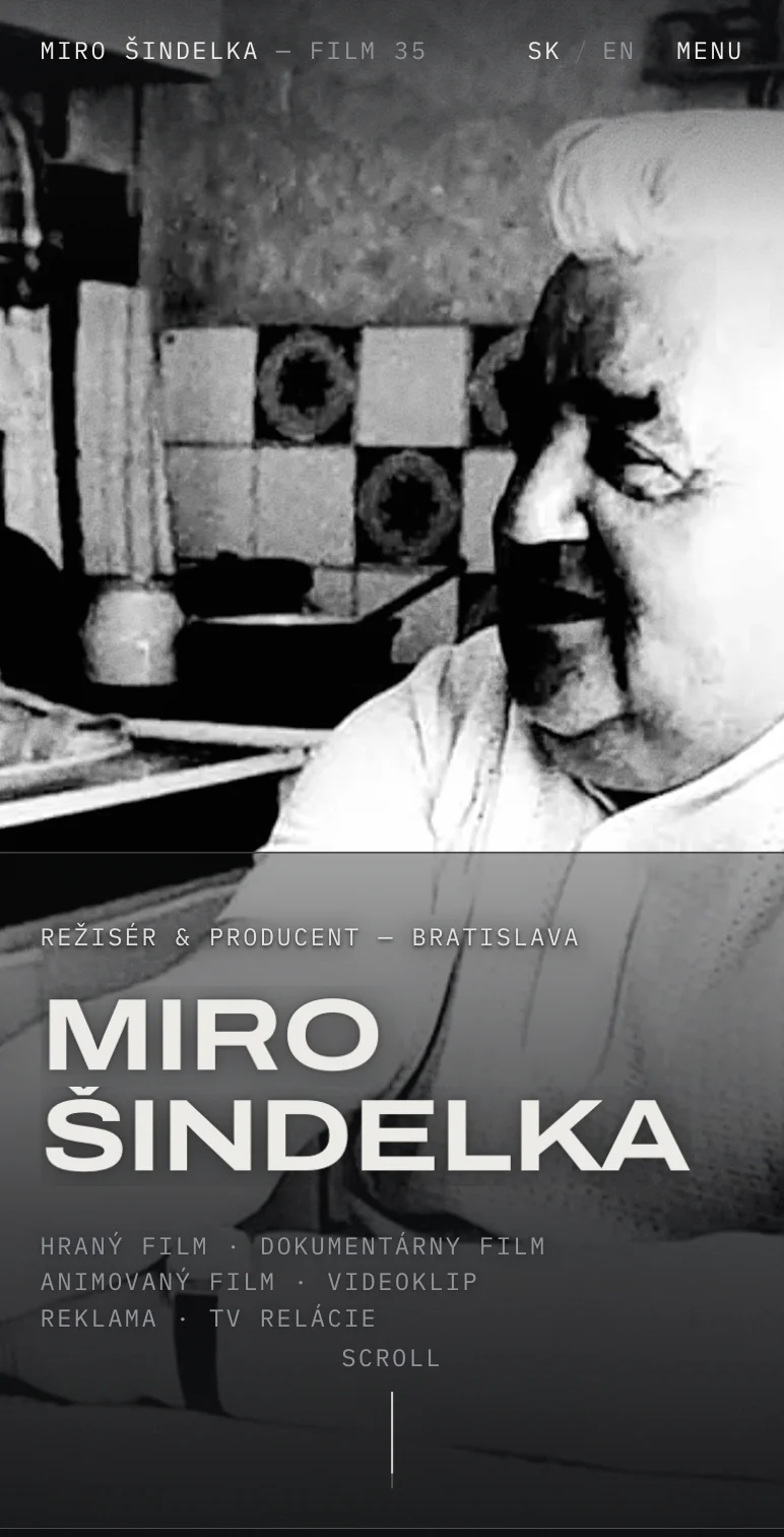 Mobilní úvodní obrazovka webu Mira Šindelky.