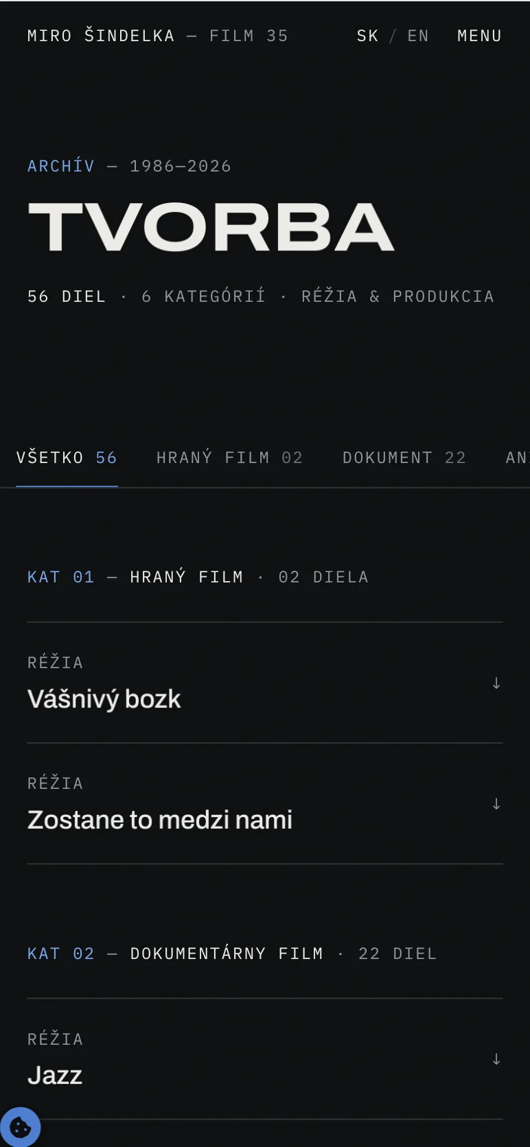 Mobilní stránka Tvorba s 56 díly a kategoriemi filmografie.