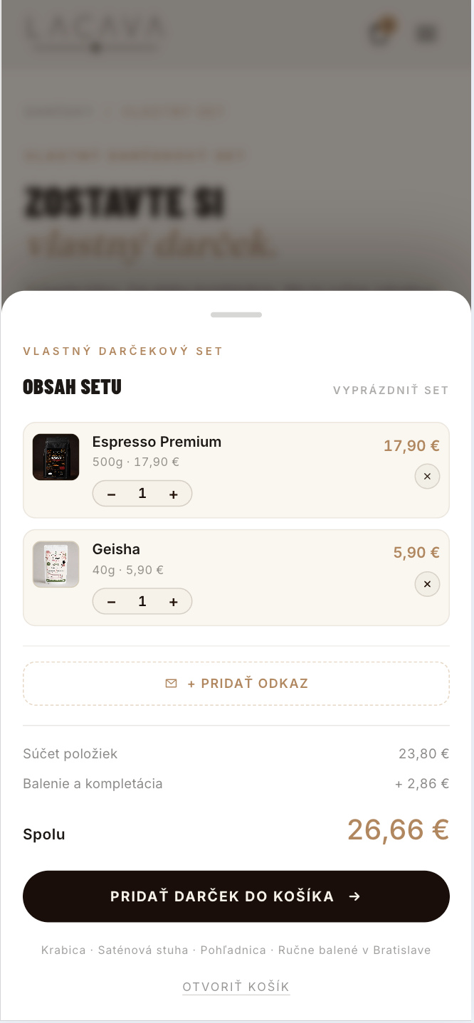 Mobilní Gift Builder LACAVA, obsah setu: Espresso Premium a Geisha, tlačítko Pridať odkaz, celkem 26,66 €.