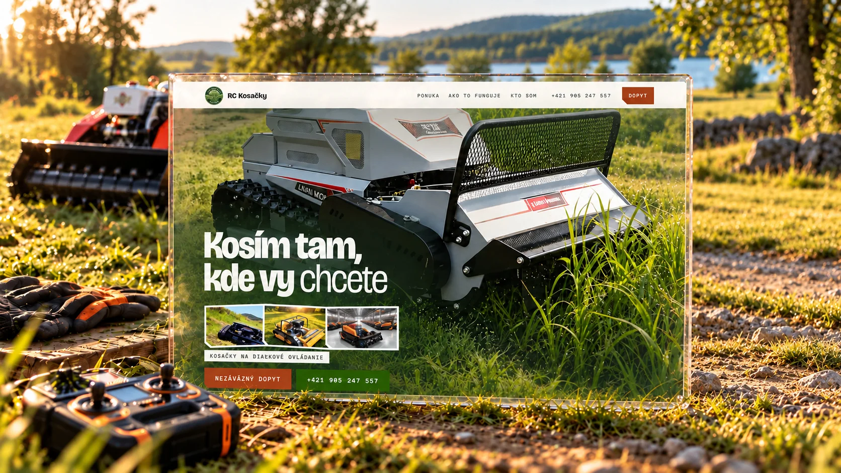 Úvodní stránka webu RC Kosačky Slovensko s pásovou sekačkou v trávě a titulkem „Kosím tam, kde vy chcete“ na obrazovce stojící na louce; vpředu dálkový ovladač a rukavice, vzadu červená sekačka a jezero