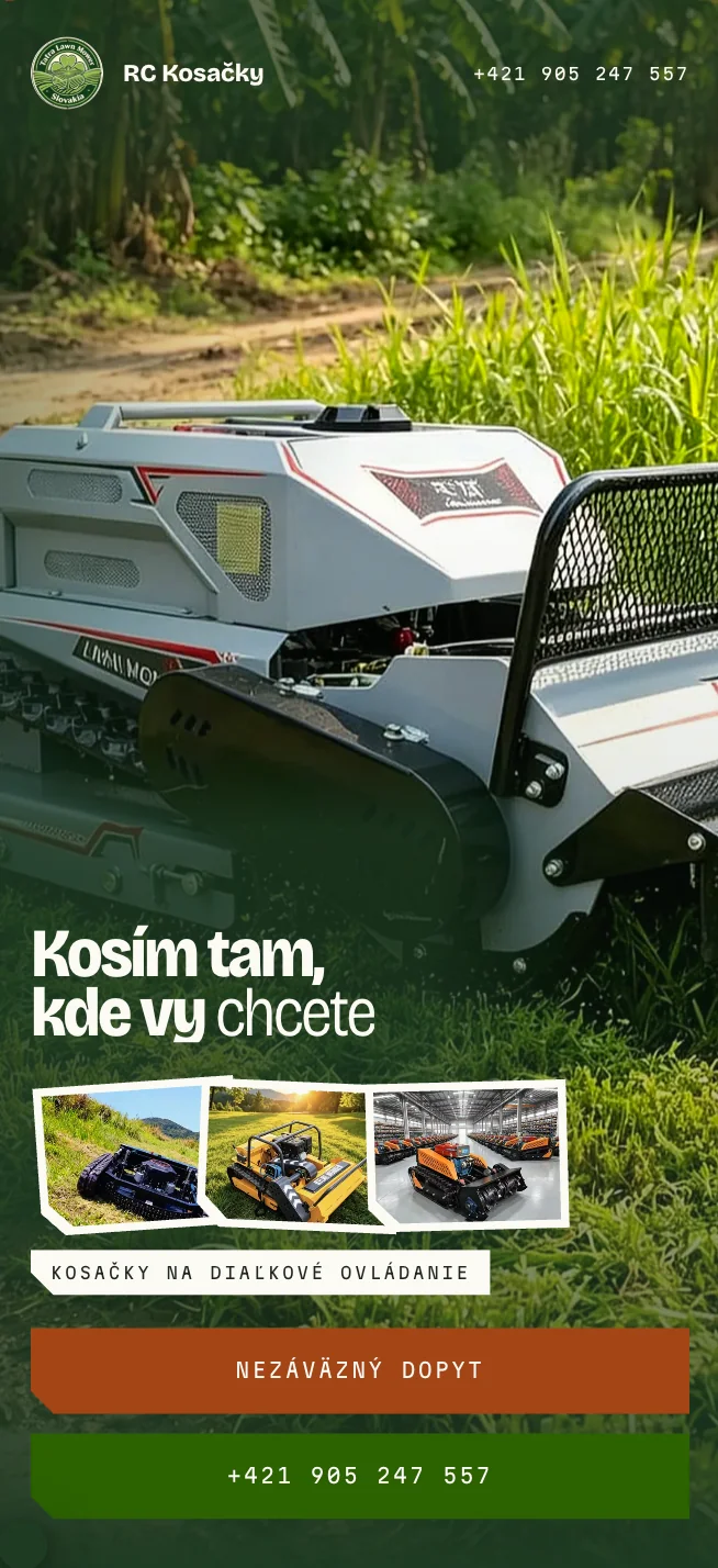 Mobilní úvodní obrazovka RC Kosačky Slovensko s pásovou sekačkou, sloganem a kontaktními tlačítky.