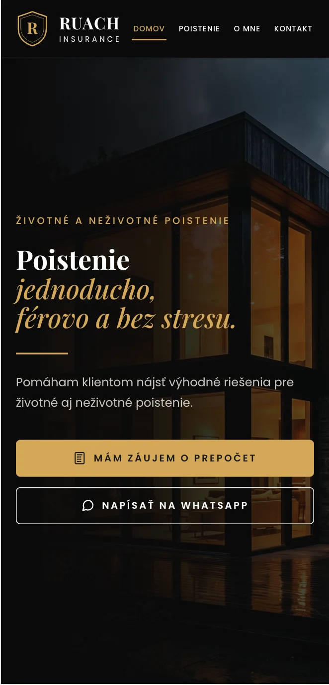 Mobilní úvodní obrazovka webu RUACH Insurance se sloganem „Poistenie jednoducho, férovo a bez stresu.“ a dvěma kontaktními tlačítky.
