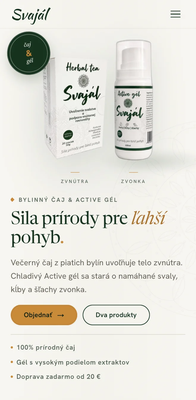 Úvodní obrazovka webu Svajál na mobilu s čajem, Active gélem a tlačítkem Objednať.