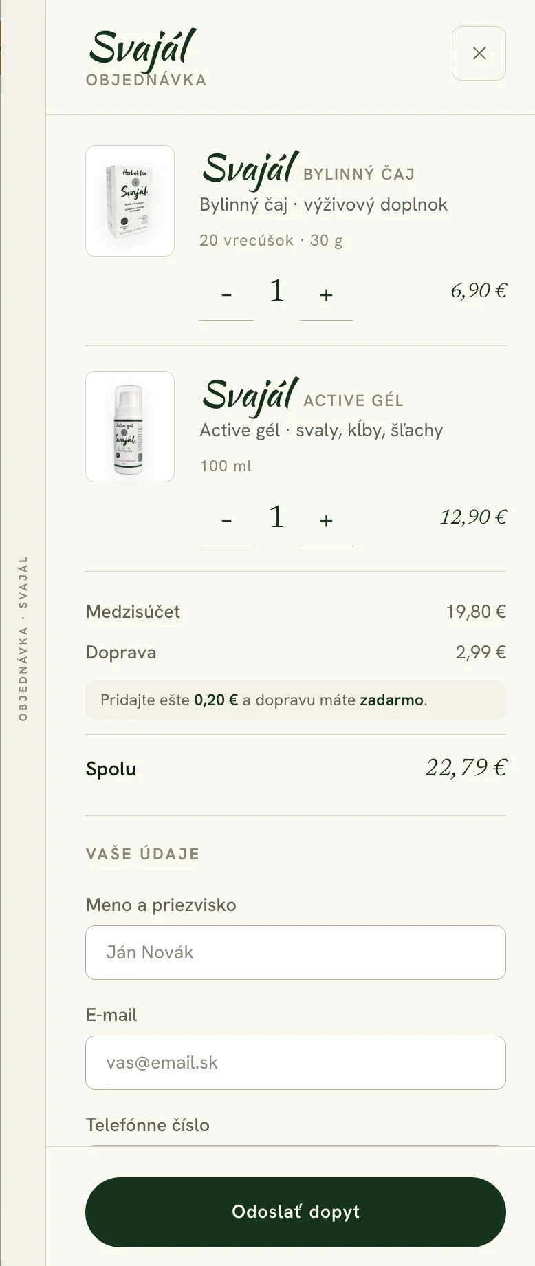Objednávkový panel webu Svajál na mobilu s produkty, součtem, formulářem a tlačítkem „Odoslať dopyt“.