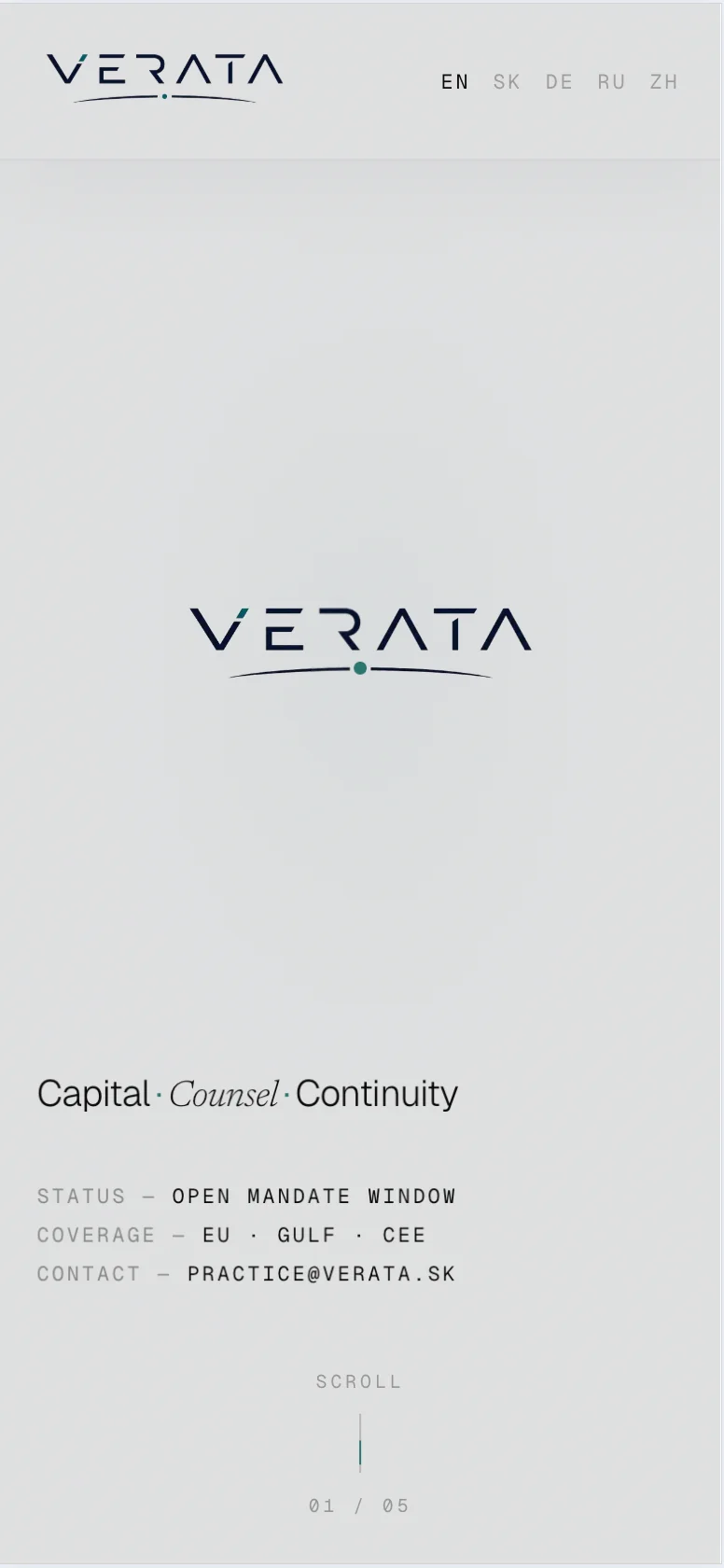 Úvodní obrazovka webu VERATA v mobilu s přepínačem pěti jazyků a sloganem „Capital · Counsel · Continuity“.