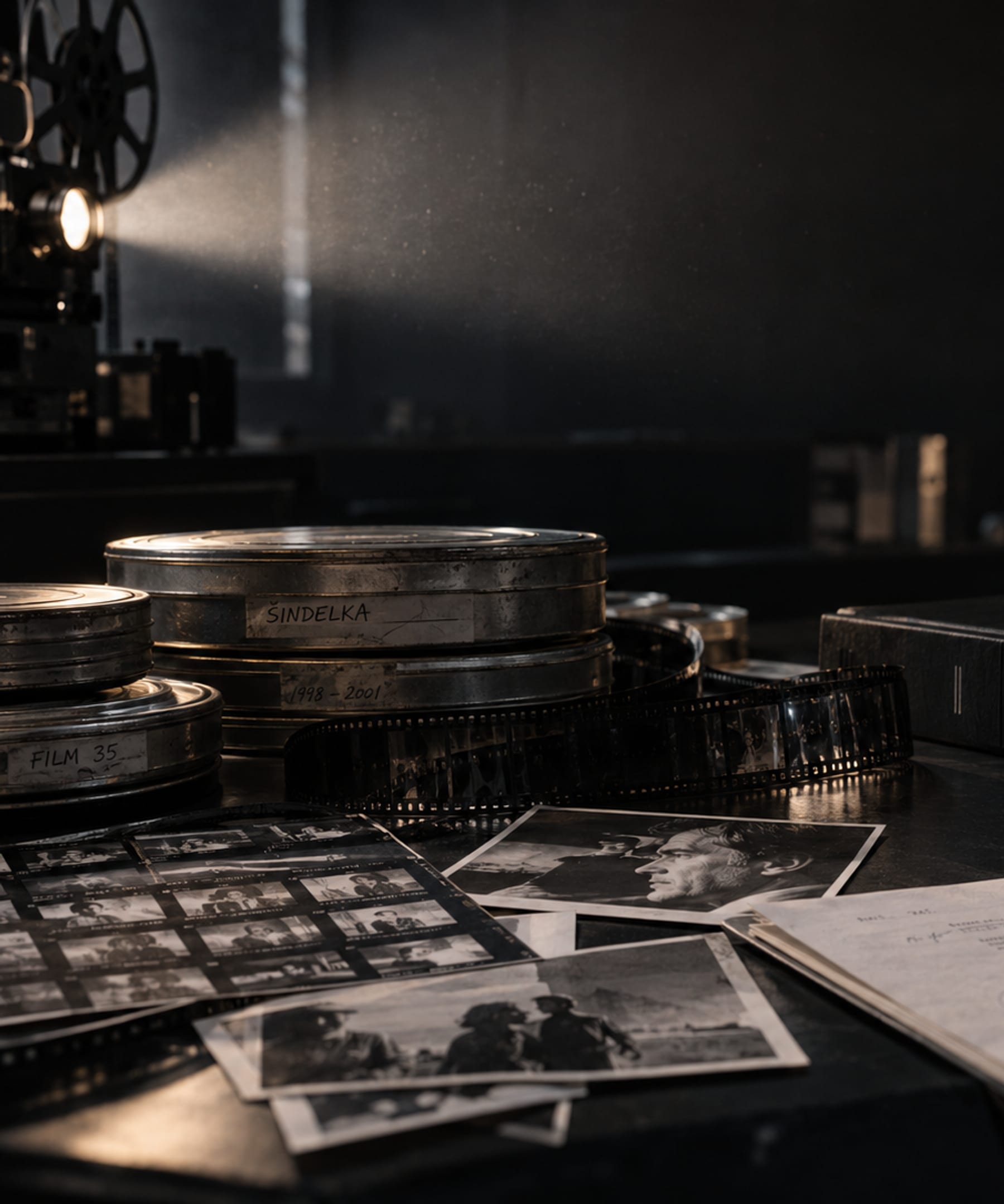 Střihový stůl v tlumeném světle: filmové kotouče, kontaktní kopie a složka FILM 35