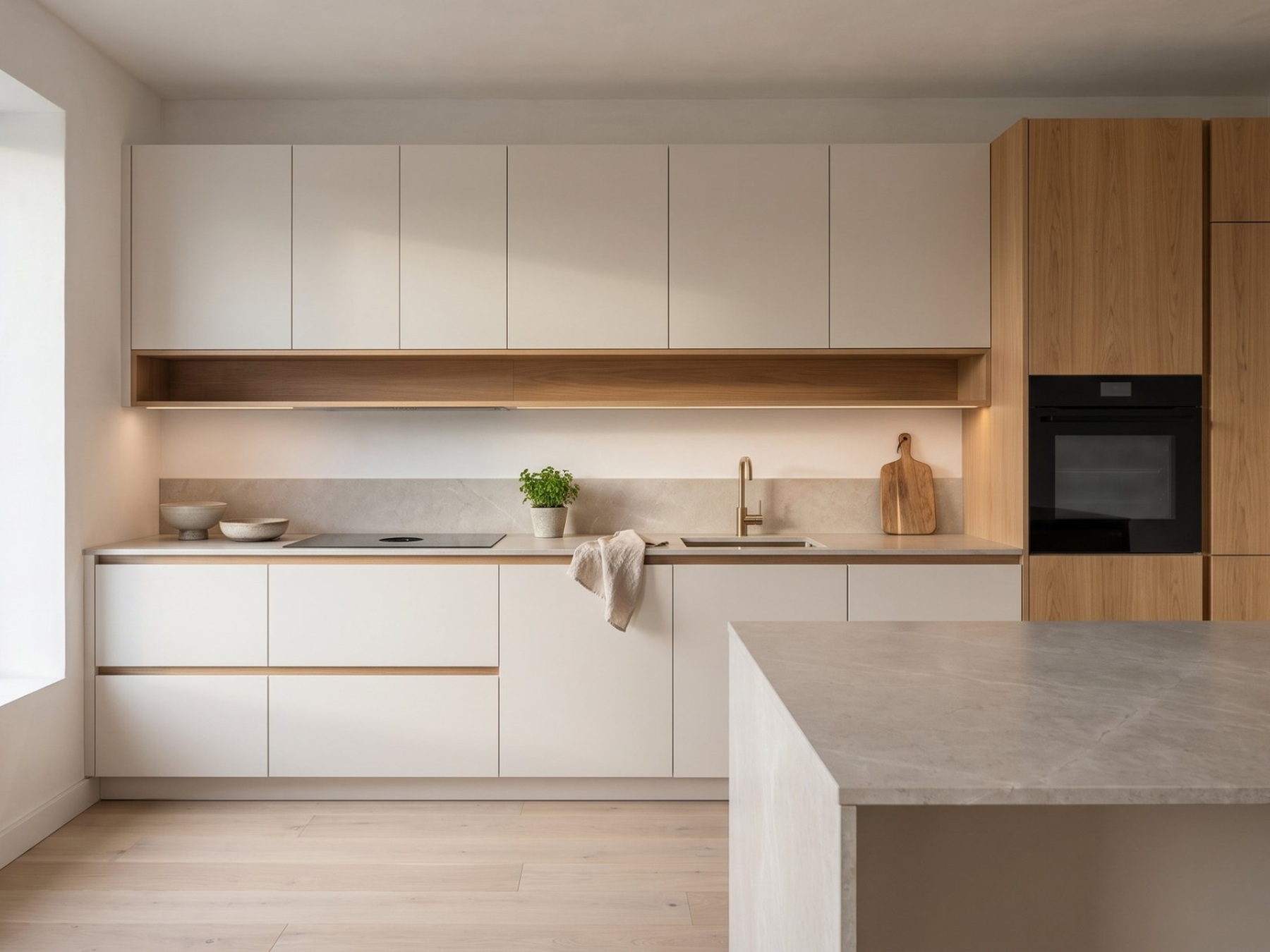 Vizualizace kuchyně na míru ve světlém dřevě, bílé a kameni — koncept z archivu RM design
