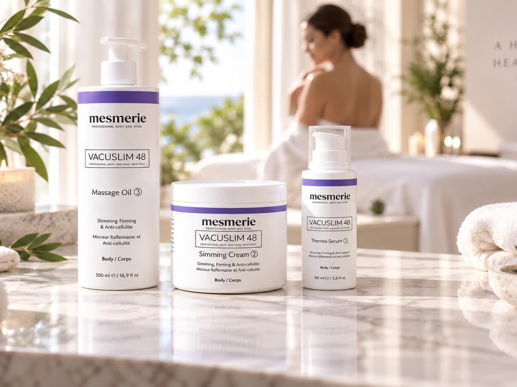 Produkty VACUSLIM48 v prostředí wellness procedury.